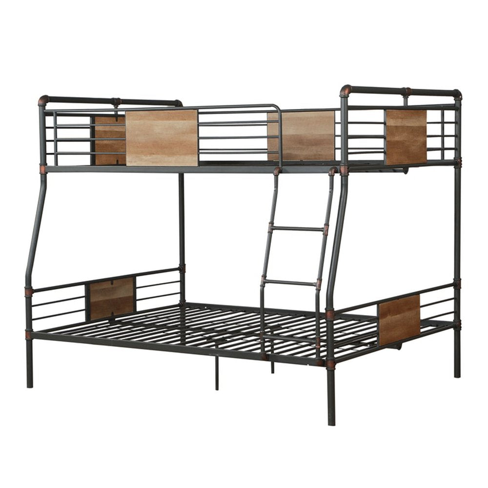 Black metal bunk bed with wood accents, featuring a full XL top bunk and queen bottom bunk, with a ladder.