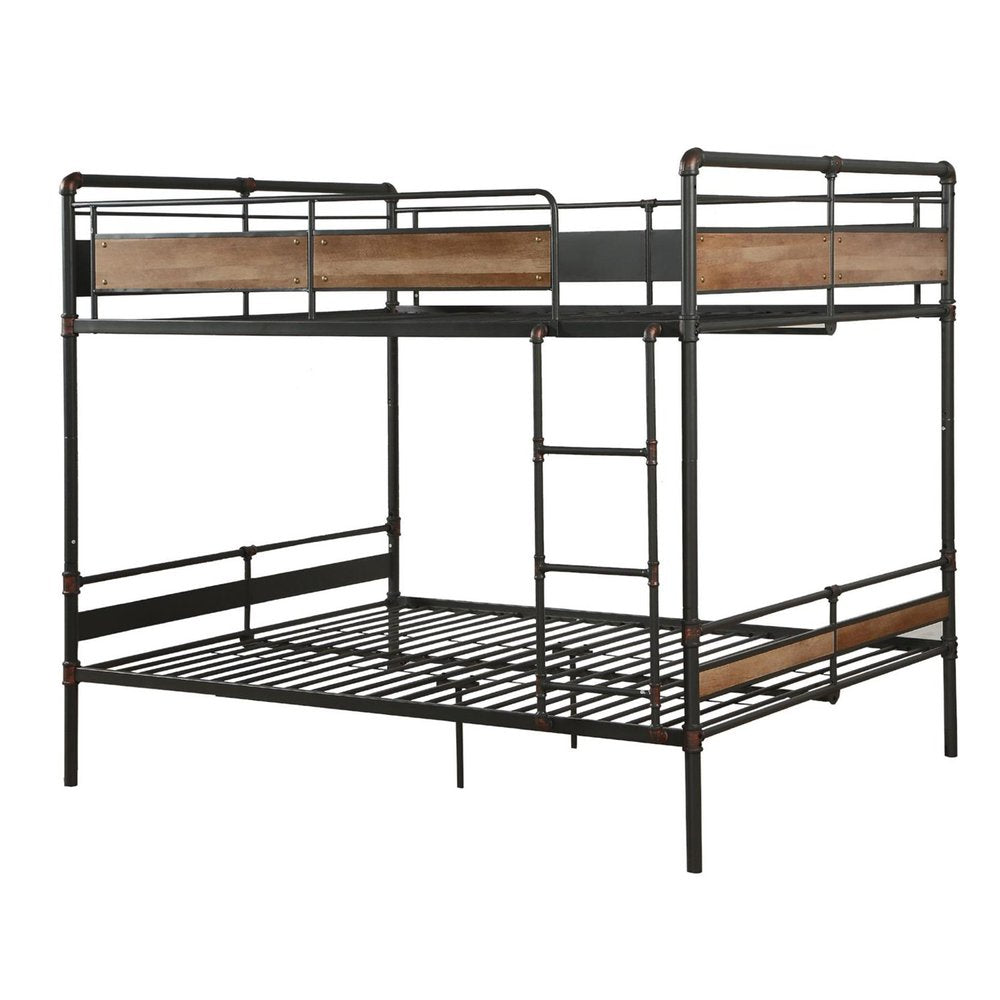 Bronze metal bunk bed with wood accents, featuring a ladder and guardrails, shown against a white background.