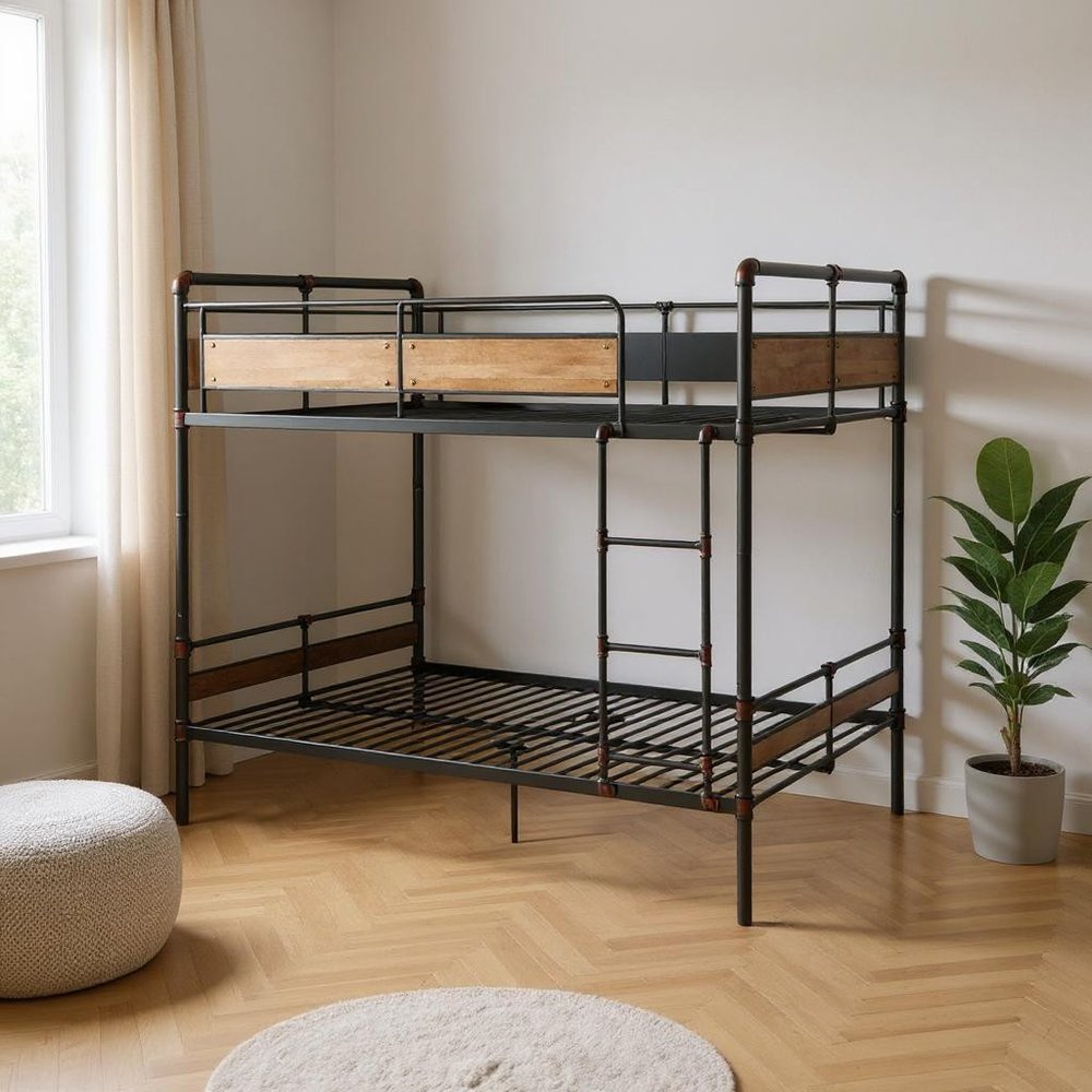 Bronze Queen Over Queen Metal Bunk Bed in a home interior