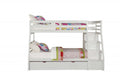 White Twin Over Full Solid Wood Bunk Bed With Stairs And Trundle And Storage on a white background