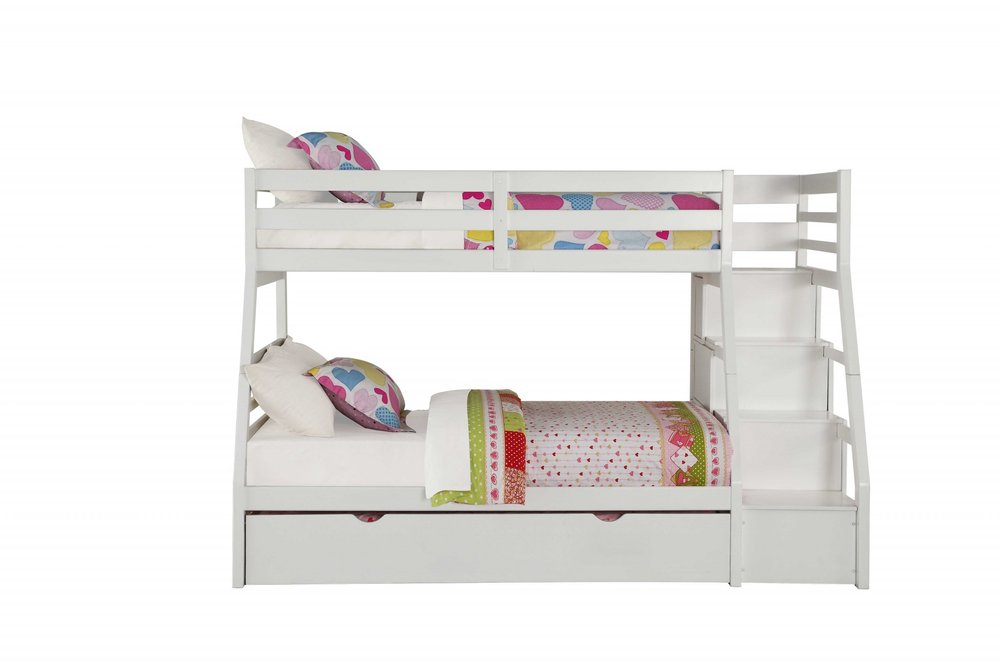White twin over full solid wood bunk bed with stairs and trundle, featuring colorful heart-patterned bedding and pillows on a white background.