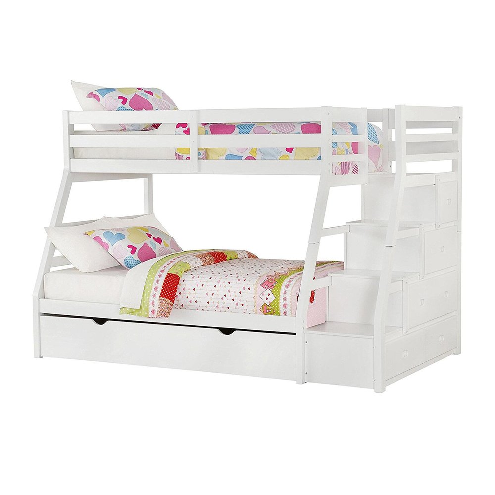 White Twin Over Full Solid Wood Bunk Bed With Stairs And Trundle And Storage on a white background