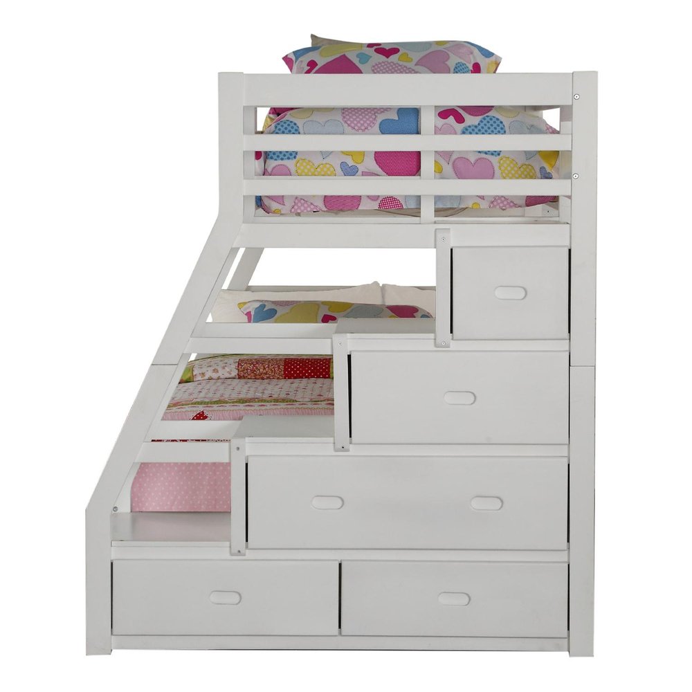 White Twin Over Full Solid Wood Bunk Bed With Stairs And Trundle And Storage on a white background