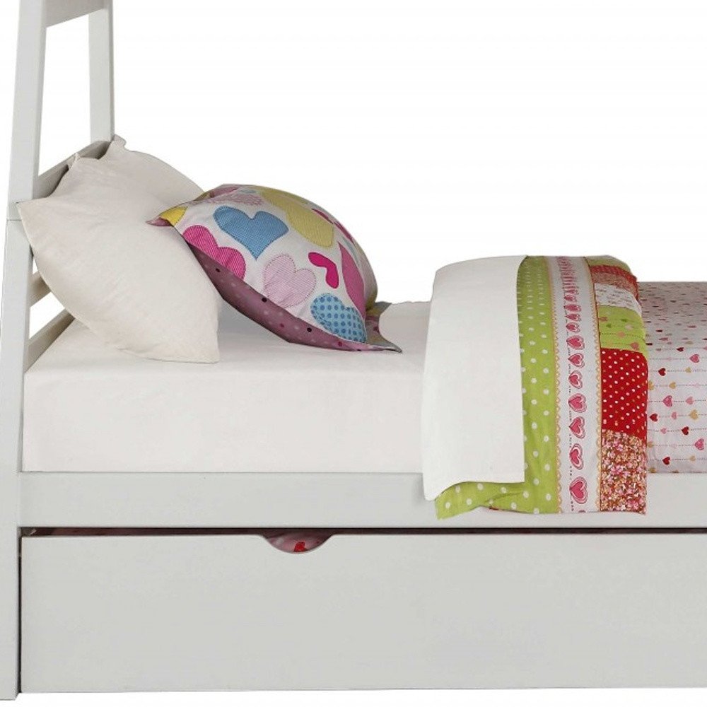 White Twin Over Full Solid Wood Bunk Bed With Stairs And Trundle And Storage on a white background