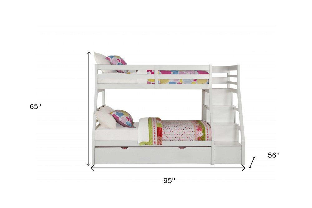 White Twin Over Full Solid Wood Bunk Bed With Stairs And Trundle And Storage on a white background