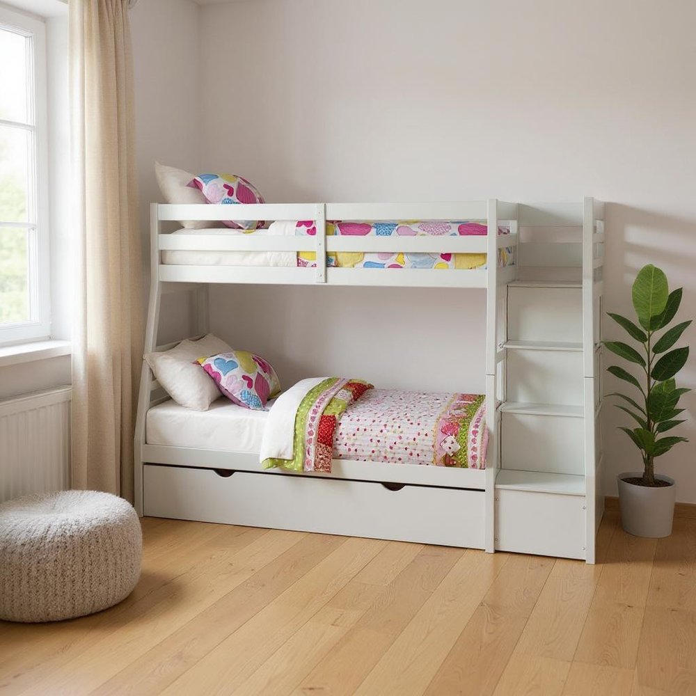 White Twin Over Full Solid Wood Bunk Bed With Stairs And Trundle And Storage in a home interior
