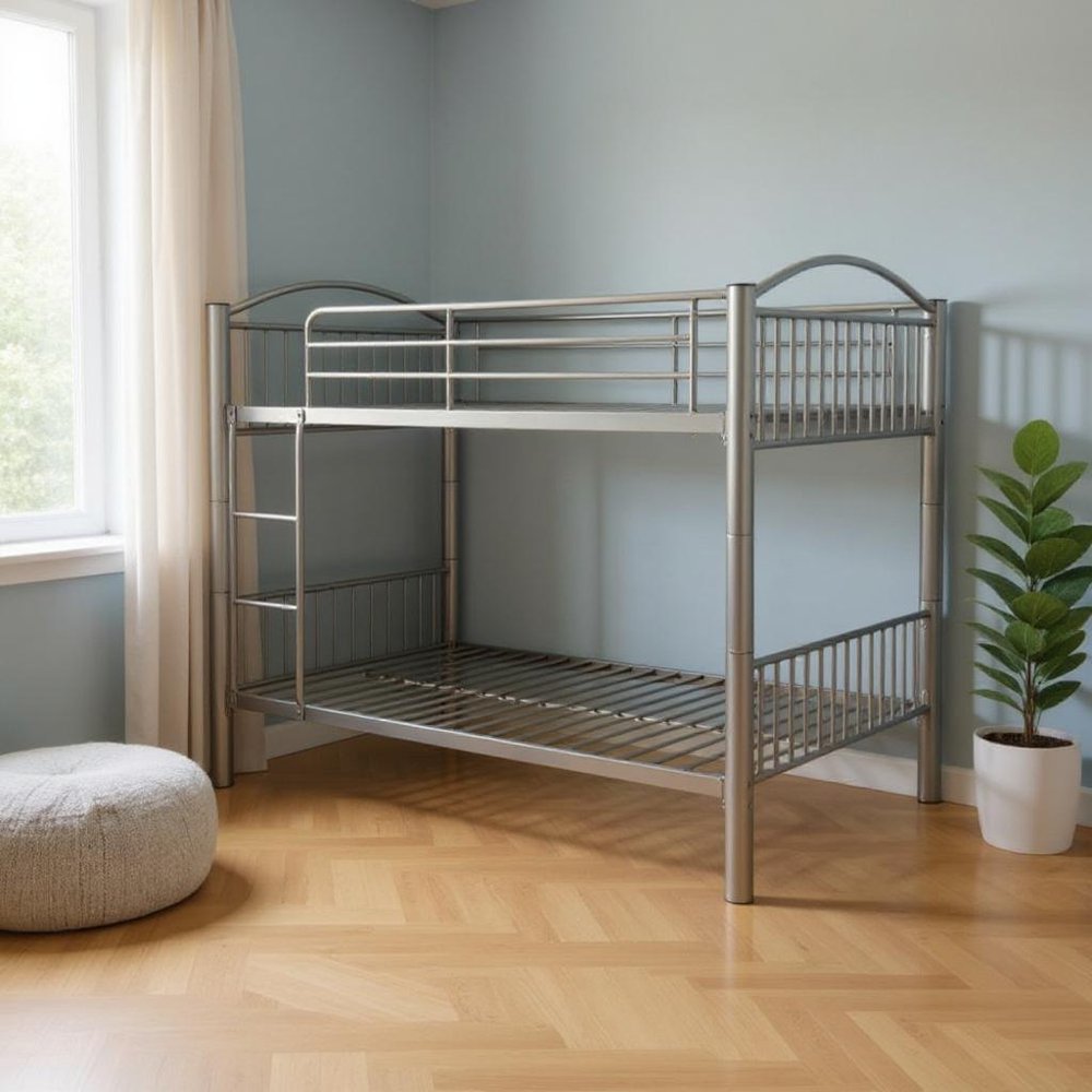 Silver Full Over Full Metal Bunk Bed in a home interior