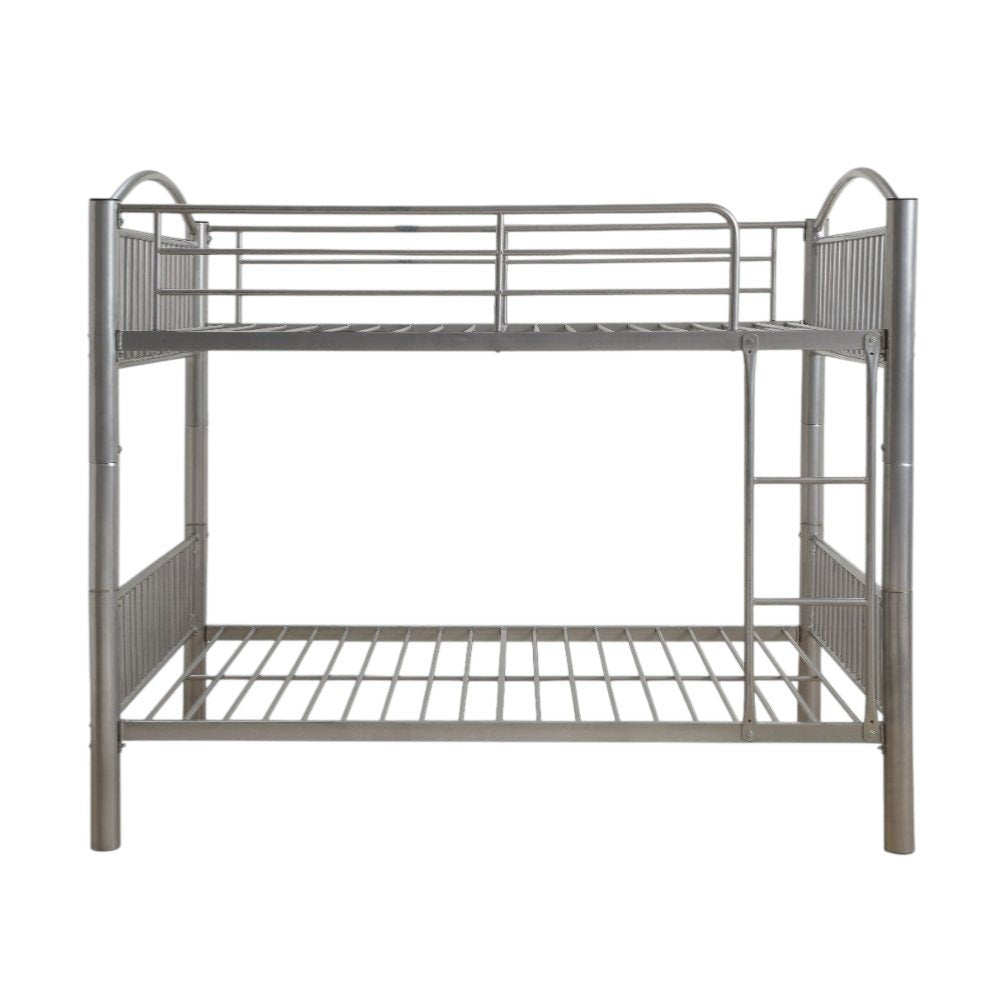 Silver full over full metal bunk bed with ladder on a white background.