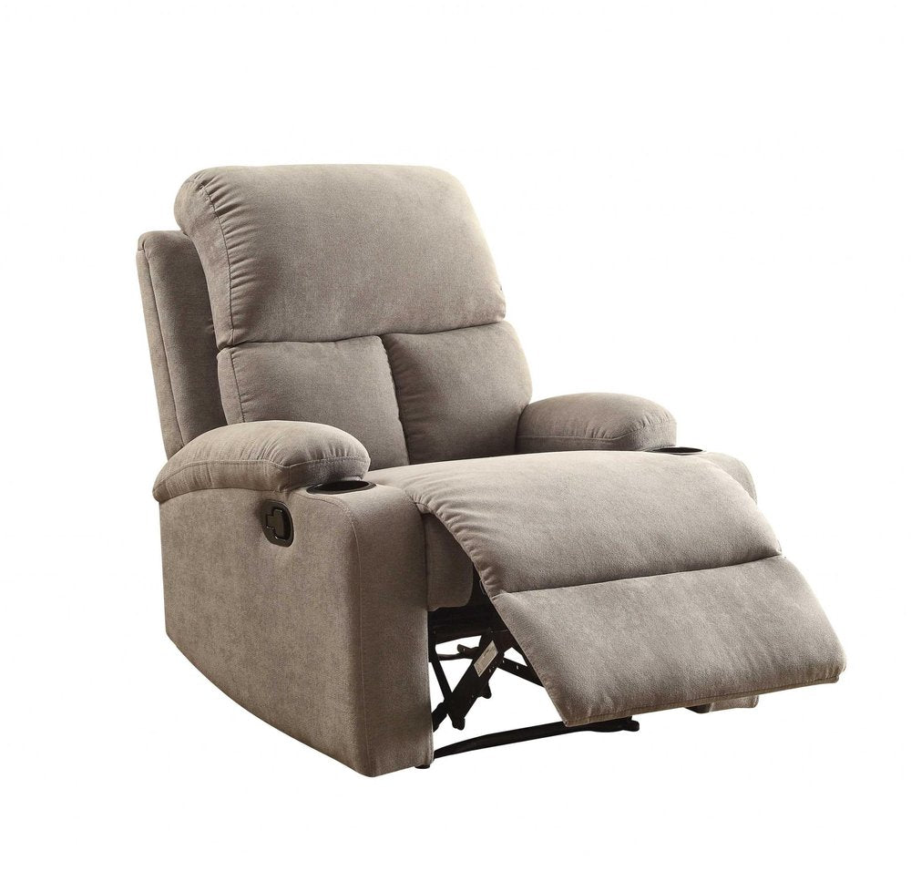 Gray linen recliner chair with cup holders and extended footrest on a white background.