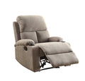 Gray linen recliner chair with cup holders and extended footrest on a white background.