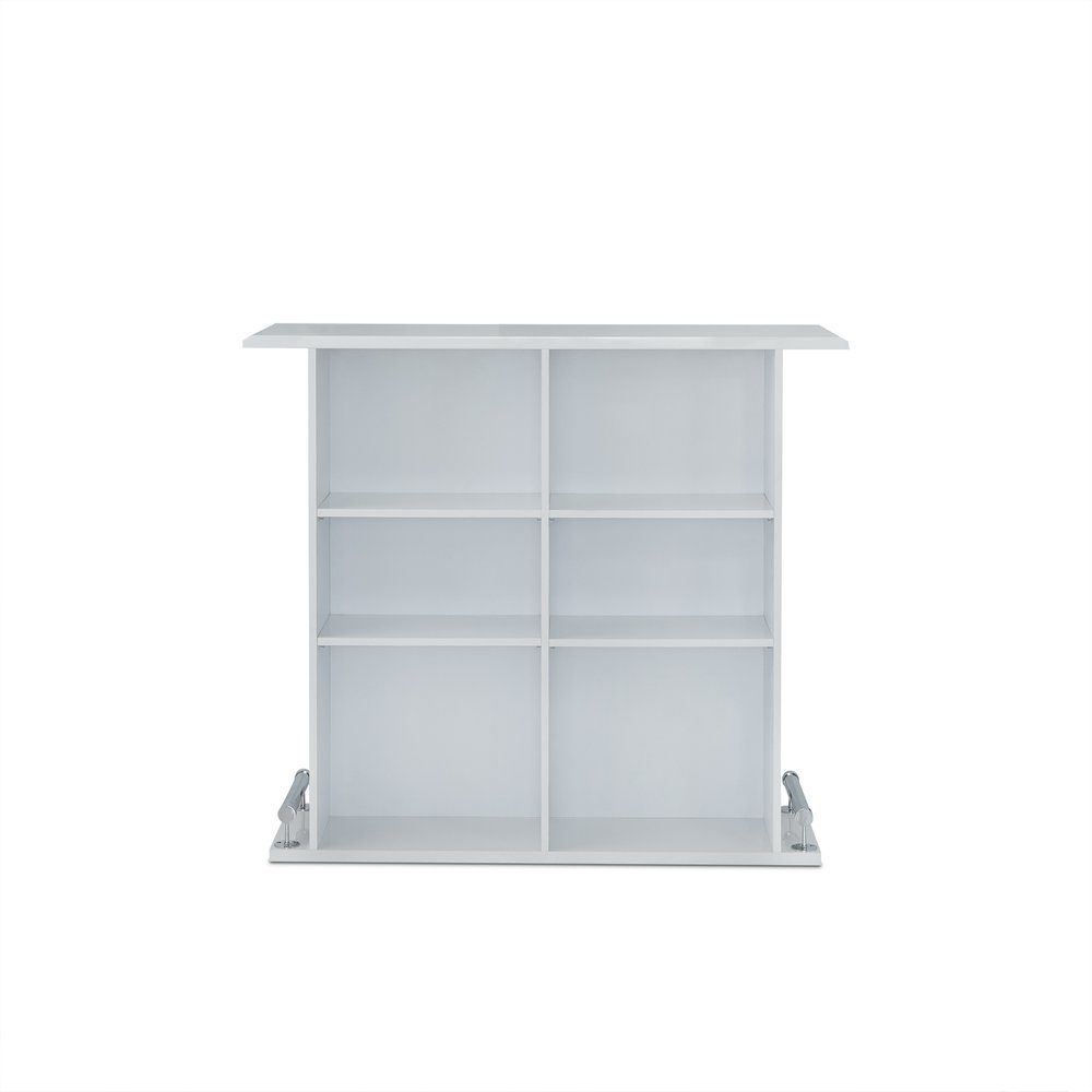 White wood bar table with six open shelves and silver metal legs, isolated on a white background.