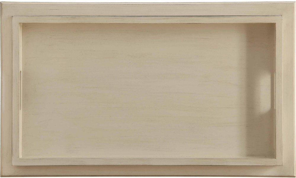 Rectangular antiqued white wood serving tray with cutout handles.