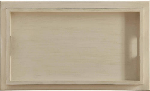 Rectangular antiqued white wood serving tray with cutout handles.