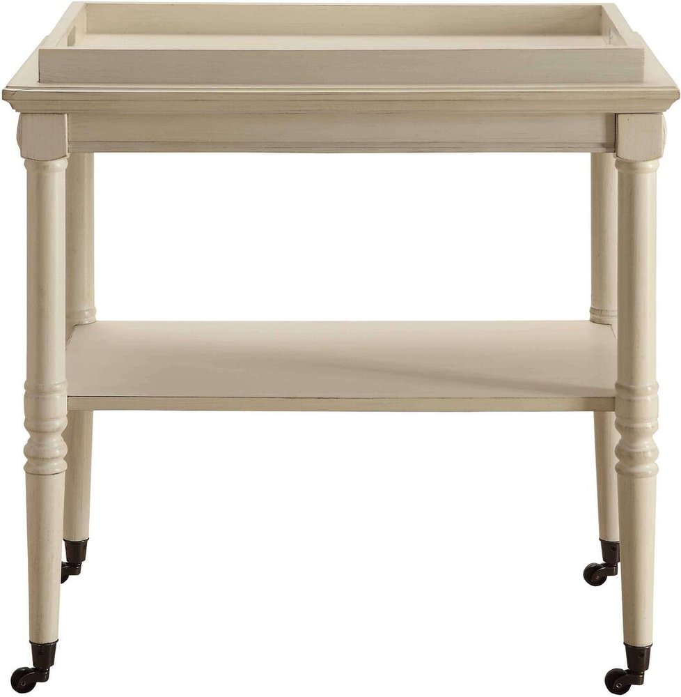 30" Antiqued White Wood Rolling Bar Cart. Bar cart isolated on a plain white background, finished in white wood.