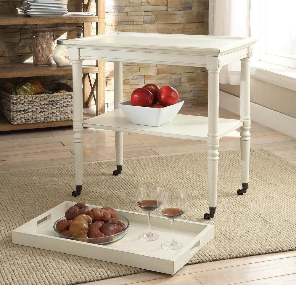 30" Antiqued White Wood Rolling Bar Cart. Bar cart in white wood.