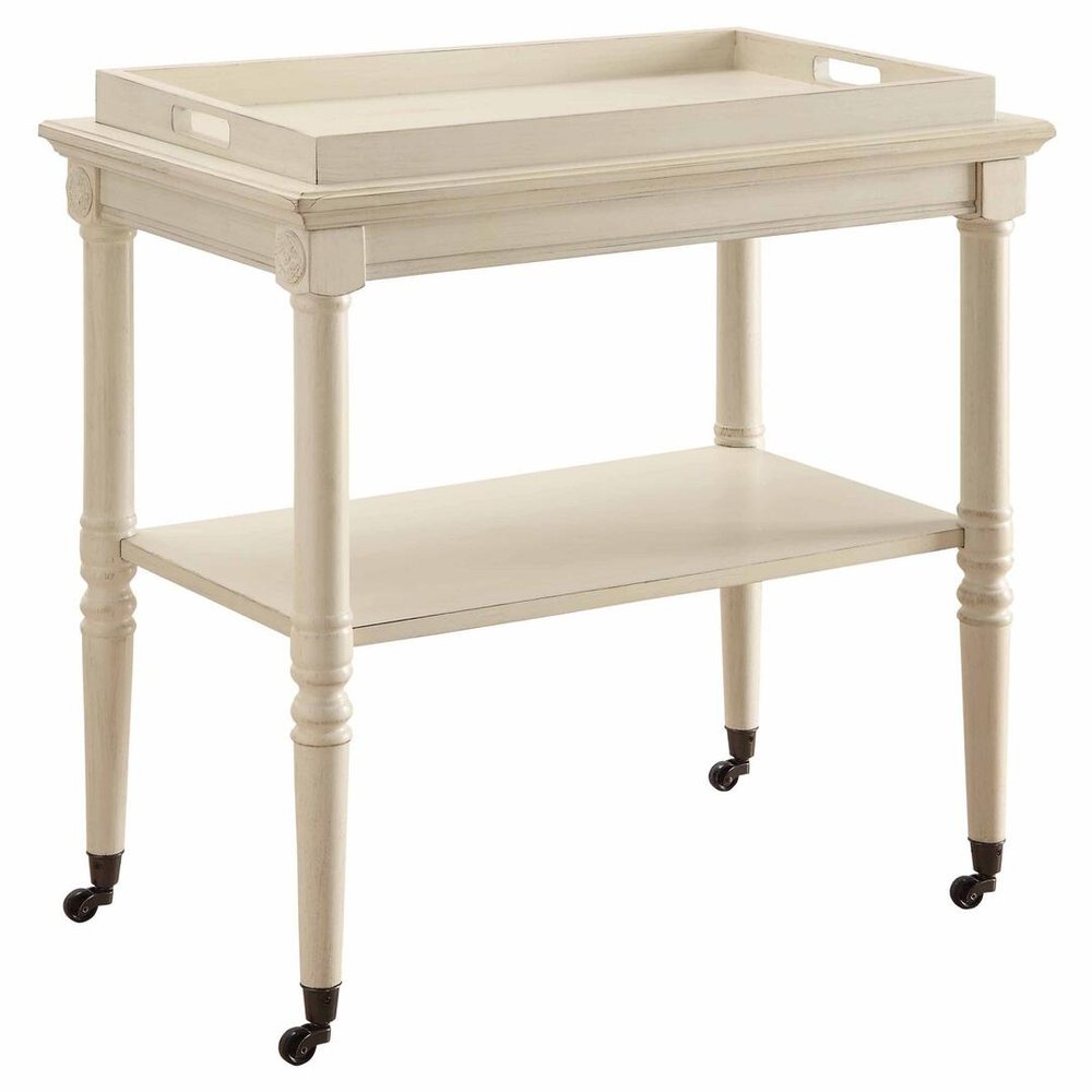 30" Antiqued White Wood Rolling Bar Cart. Bar cart isolated on a plain white background, finished in white wood.
