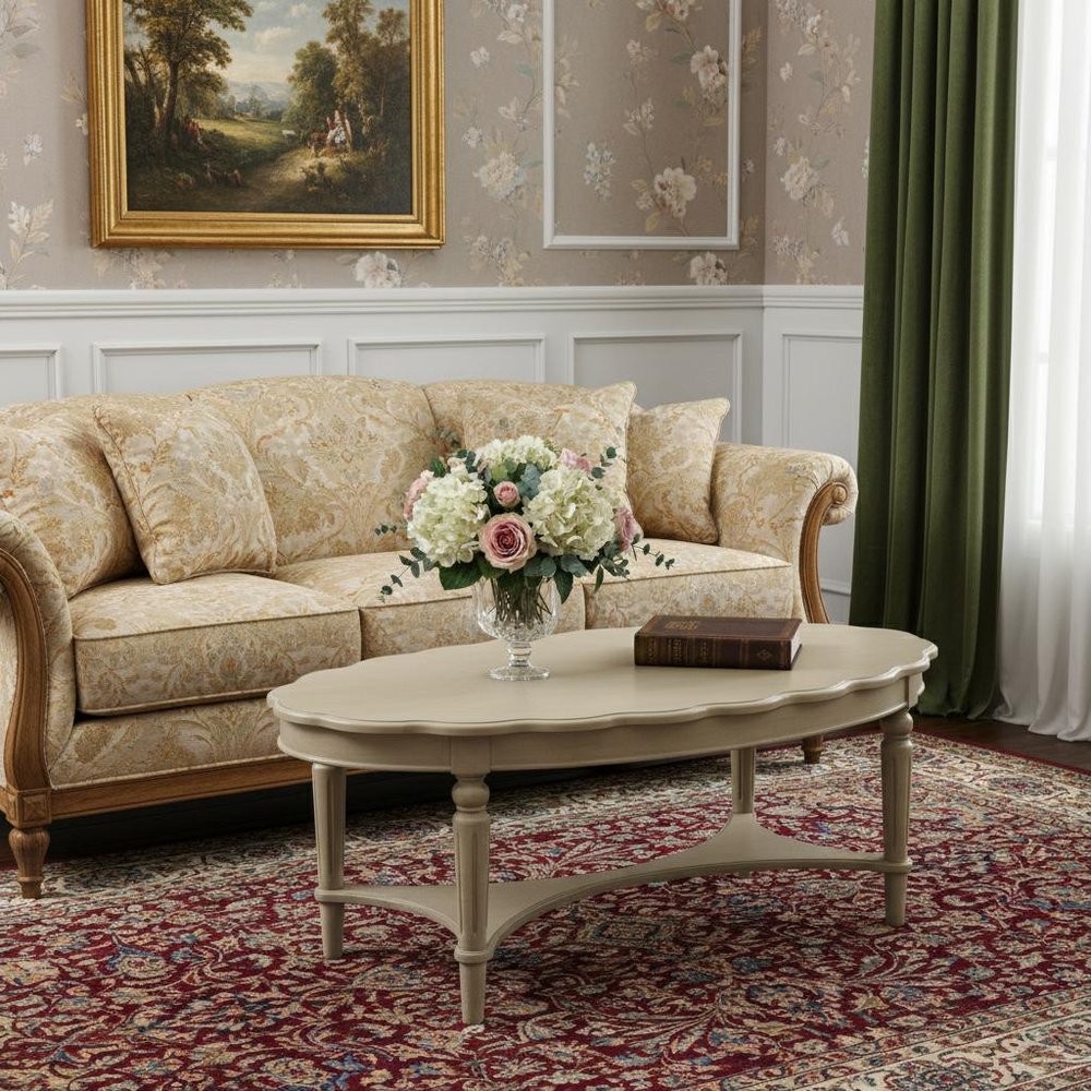 50" Antiqued White Solid Wood Oval Distressed Coffee Table styled in a furnished interior with a tan wall on a burgundy floor.