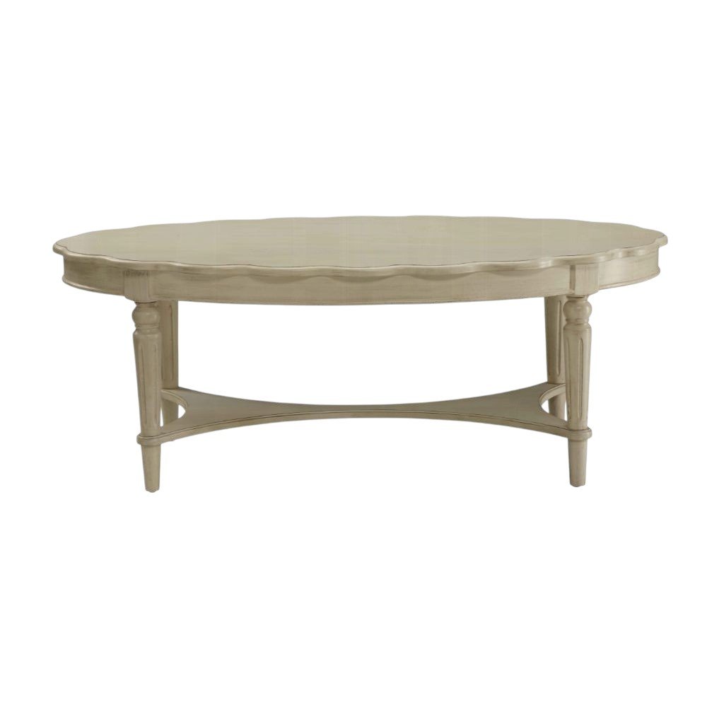 50" Antiqued White Solid Wood Oval Distressed Coffee Table. Coffee table isolated on a plain white background, showing a white wood surface.