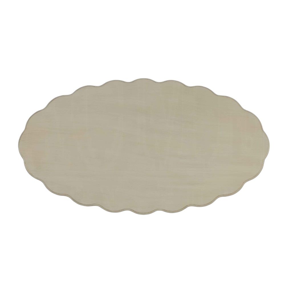 50" Antiqued White Solid Wood Oval Distressed Coffee Table. Coffee table isolated on a plain white background, showing a white wood surface.