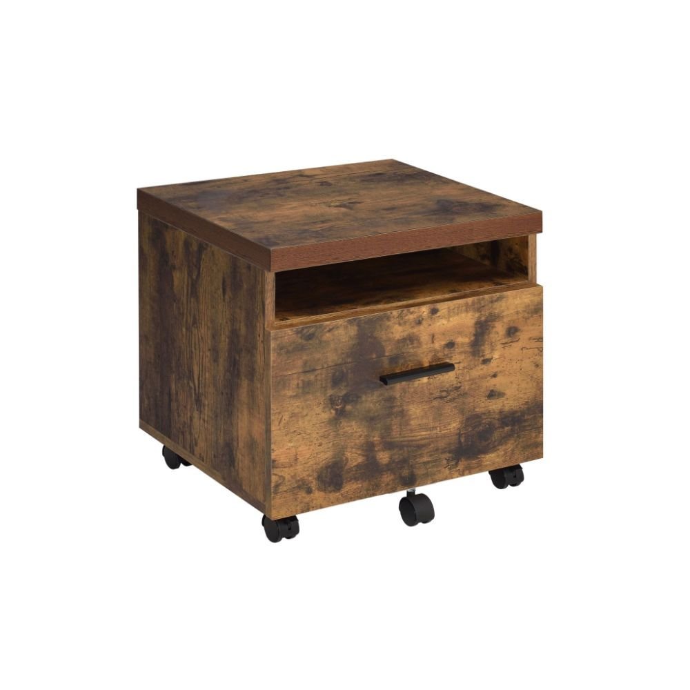 Rustic brown and black wood single drawer rolling filing cabinet with black casters on a white background.