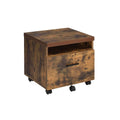 19" Brown And Black Rustic Wood Single Drawer Rolling Filing Cabinet. Filing cabinet isolated on a plain white background, showing a black wood surface.