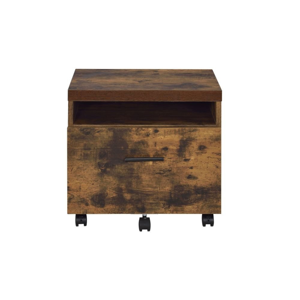 19" Brown And Black Rustic Wood Single Drawer Rolling Filing Cabinet. Filing cabinet isolated on a plain white background, in a black wood finish.