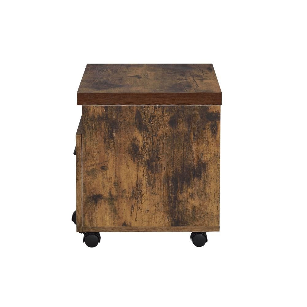 19" Brown And Black Rustic Wood Single Drawer Rolling Filing Cabinet. Filing cabinet isolated on a plain white background, showing a black wood surface.