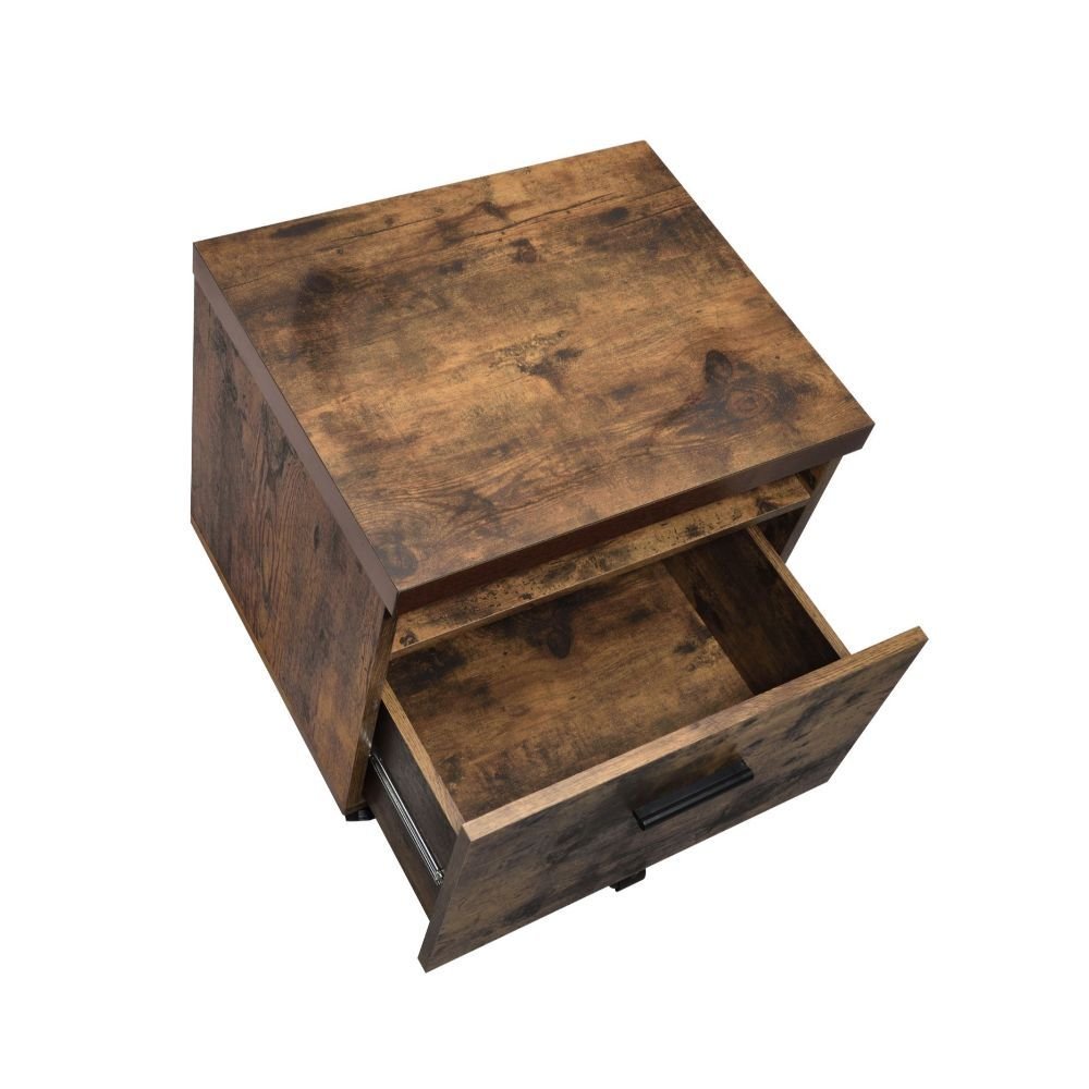 19" Brown And Black Rustic Wood Single Drawer Rolling Filing Cabinet. Filing cabinet isolated on a plain white background, in a black wood finish.