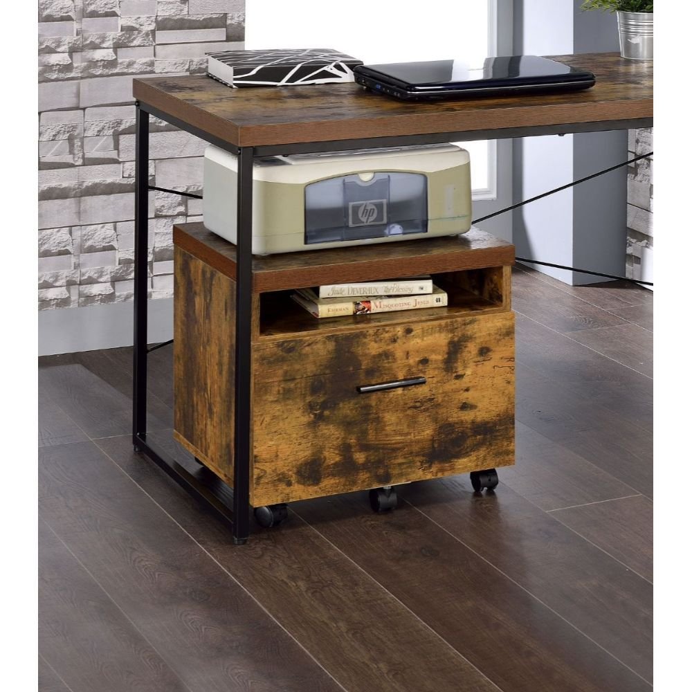 19" Brown And Black Rustic Wood Single Drawer Rolling Filing Cabinet