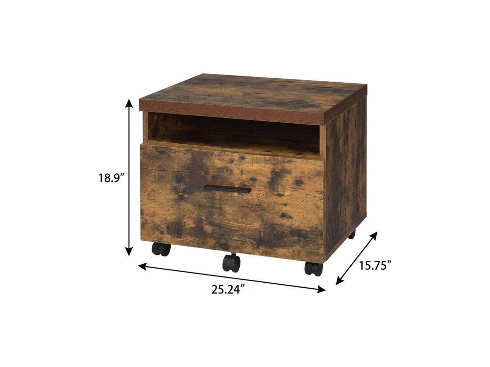 19" Brown And Black Rustic Wood Single Drawer Rolling Filing Cabinet. Filing cabinet isolated on a plain white background, in a black wood finish.