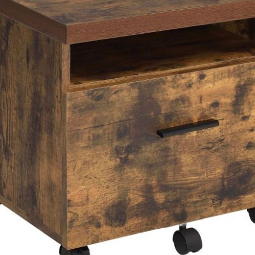 Detail view of 19" Brown And Black Rustic Wood Single Drawer Rolling Filing Cabinet, filling the frame with the black wood texture.