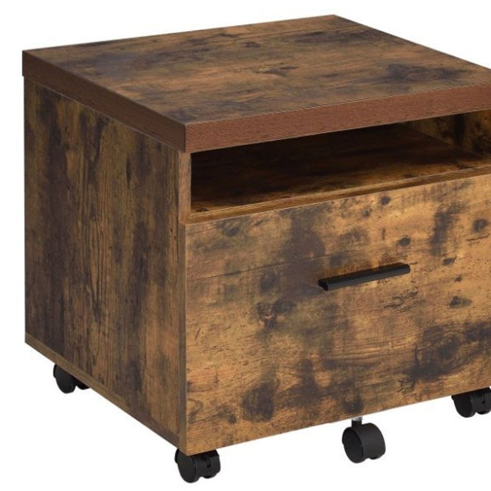 19" Brown And Black Rustic Wood Single Drawer Rolling Filing Cabinet. Filing cabinet isolated on a plain white background, finished in black wood.