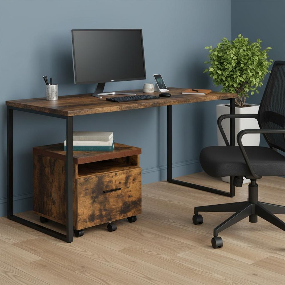 19" Brown And Black Rustic Wood Single Drawer Rolling Filing Cabinet shown outdoors on an outdoor setting.