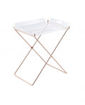 Clear acrylic tray with copper metal X-frame legs on a white background.