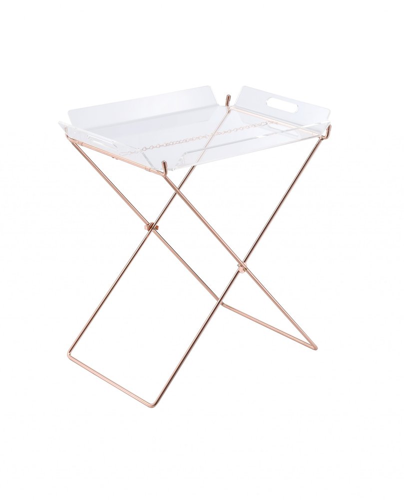 Clear acrylic tray with copper metal X-frame legs on a white background.