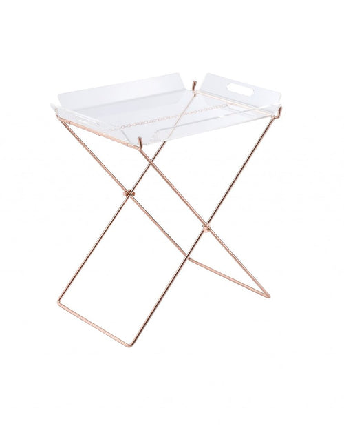 Clear acrylic tray with copper metal X-frame legs on a white background.