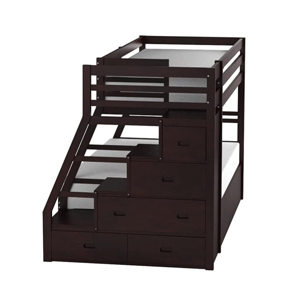 Espresso twin over full solid wood bunk bed with stairs and storage drawers, shown against a white background.