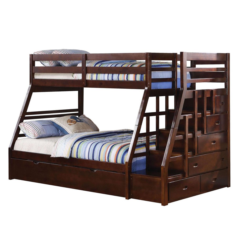 Espresso Twin Over Full Solid Wood Bunk Bed With Trundle And Storage on a white background