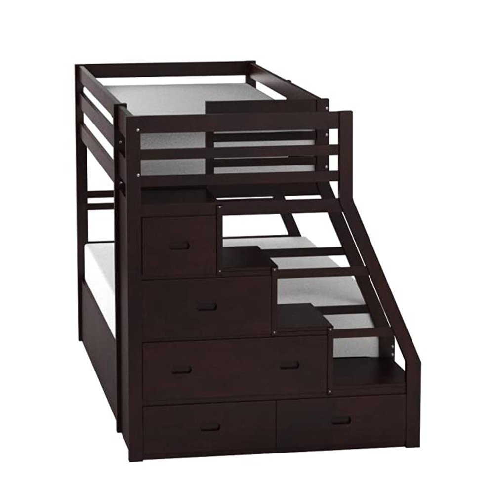 Espresso Twin Over Full Solid Wood Bunk Bed With Trundle And Storage on a white background