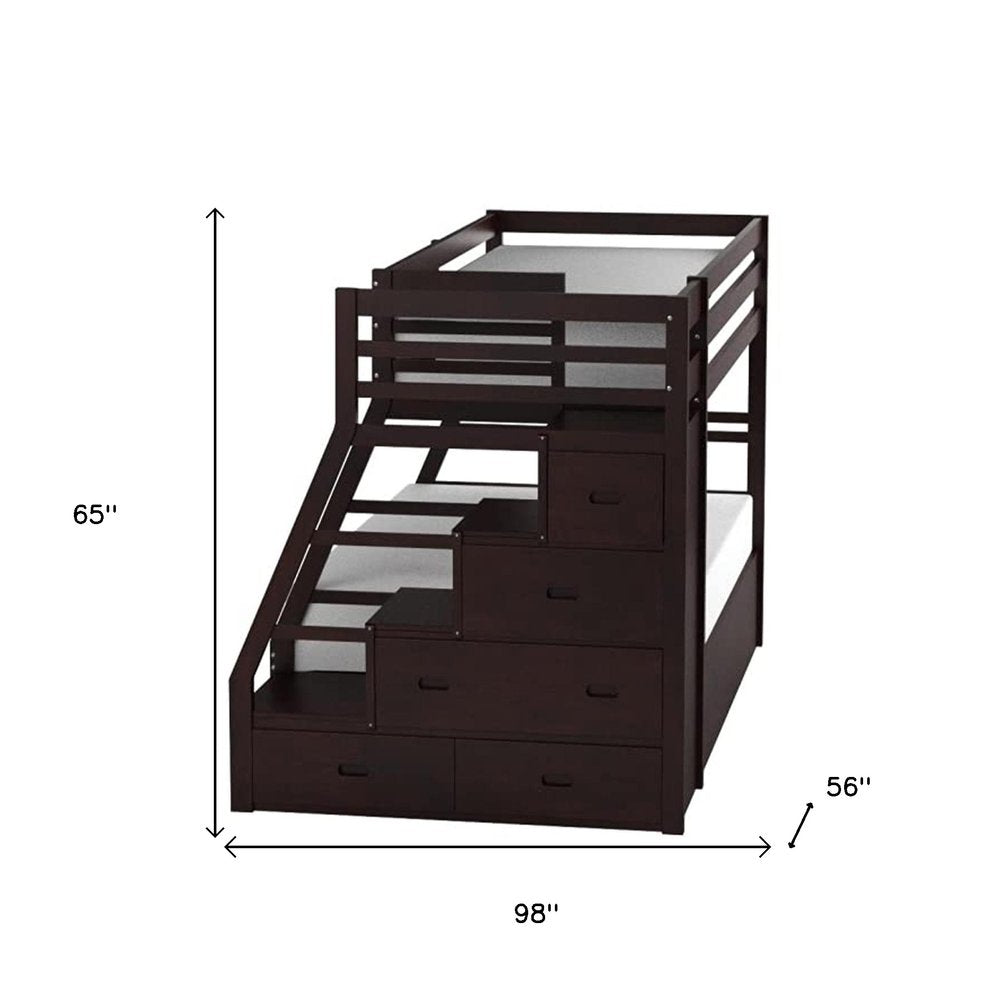 Espresso Twin Over Full Solid Wood Bunk Bed With Trundle And Storage on a white background