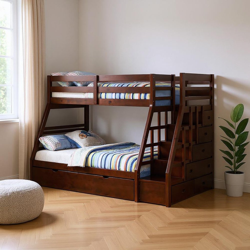 Espresso Twin Over Full Solid Wood Bunk Bed With Trundle And Storage in a home interior