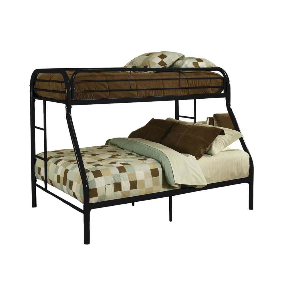 Black metal tube bunk bed with twin XL over queen mattresses and patterned bedding on a white background.
