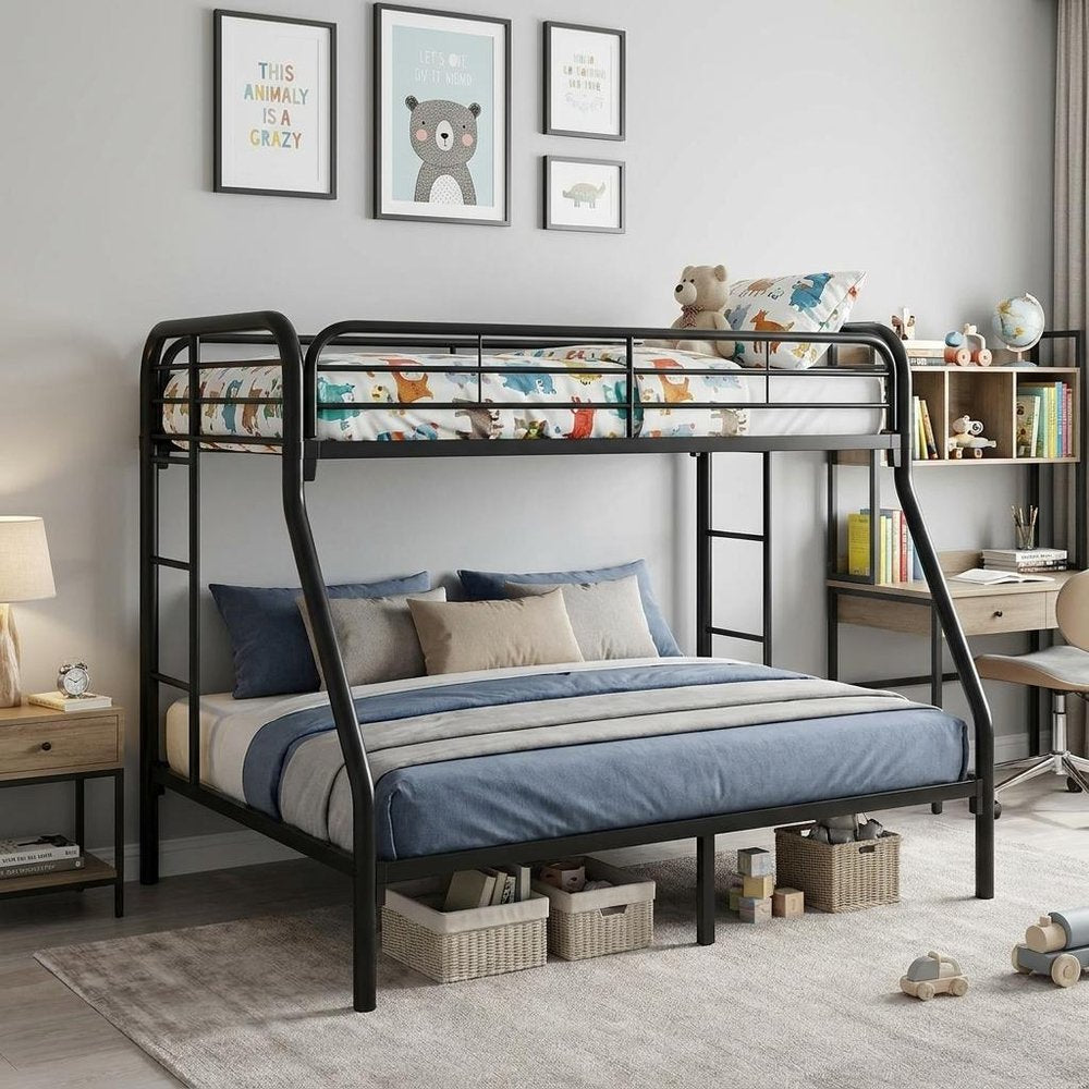 84" X 62" X 65" Twin Xl Over Queen Black Metal Tube Bunk Bed in a home interior