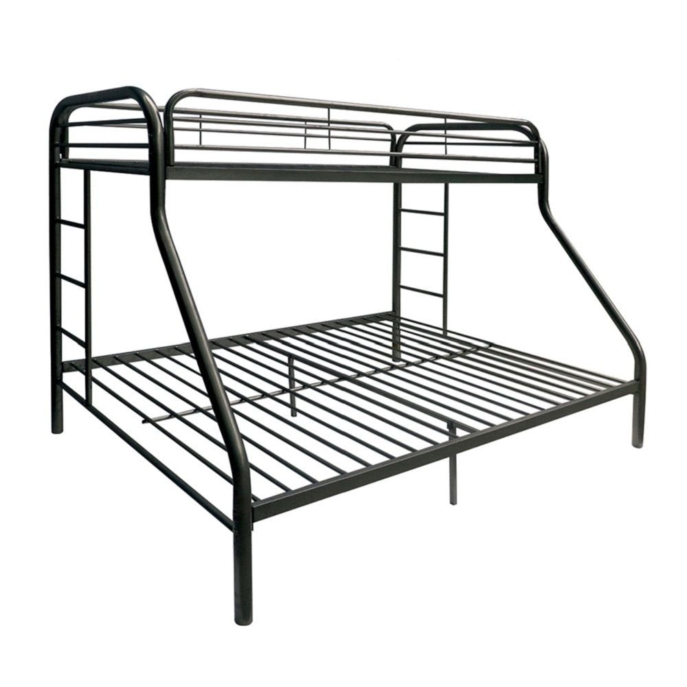Black metal twin over full bunk bed with ladders on a white background.