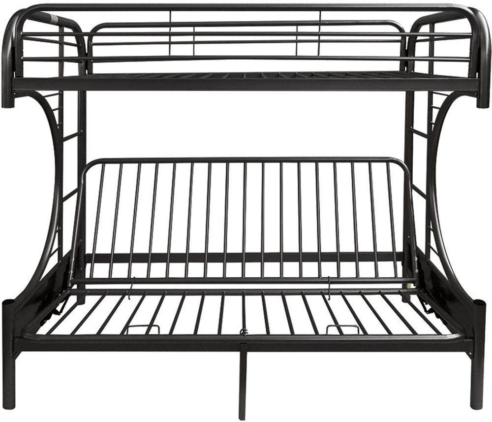 Black metal bunk bed with twin over full size, featuring a contemporary design and a white background.