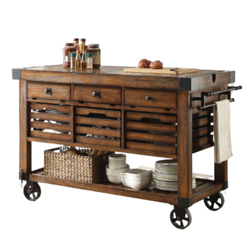 Brown wooden kitchen cart with drawers, slatted shelves, basket, bowls, and plates on a white background.