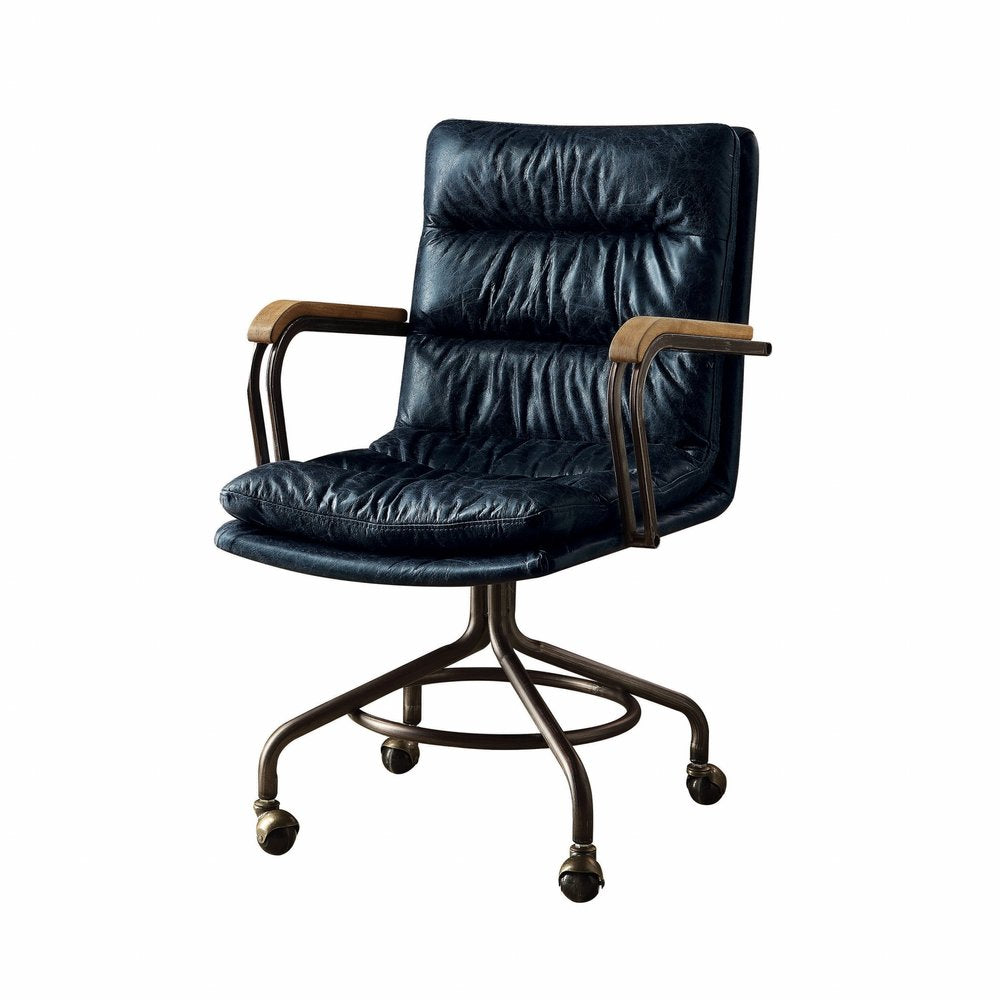 Navy blue leather executive office chair with dark brown wood armrests and a metal base with casters on a white background.