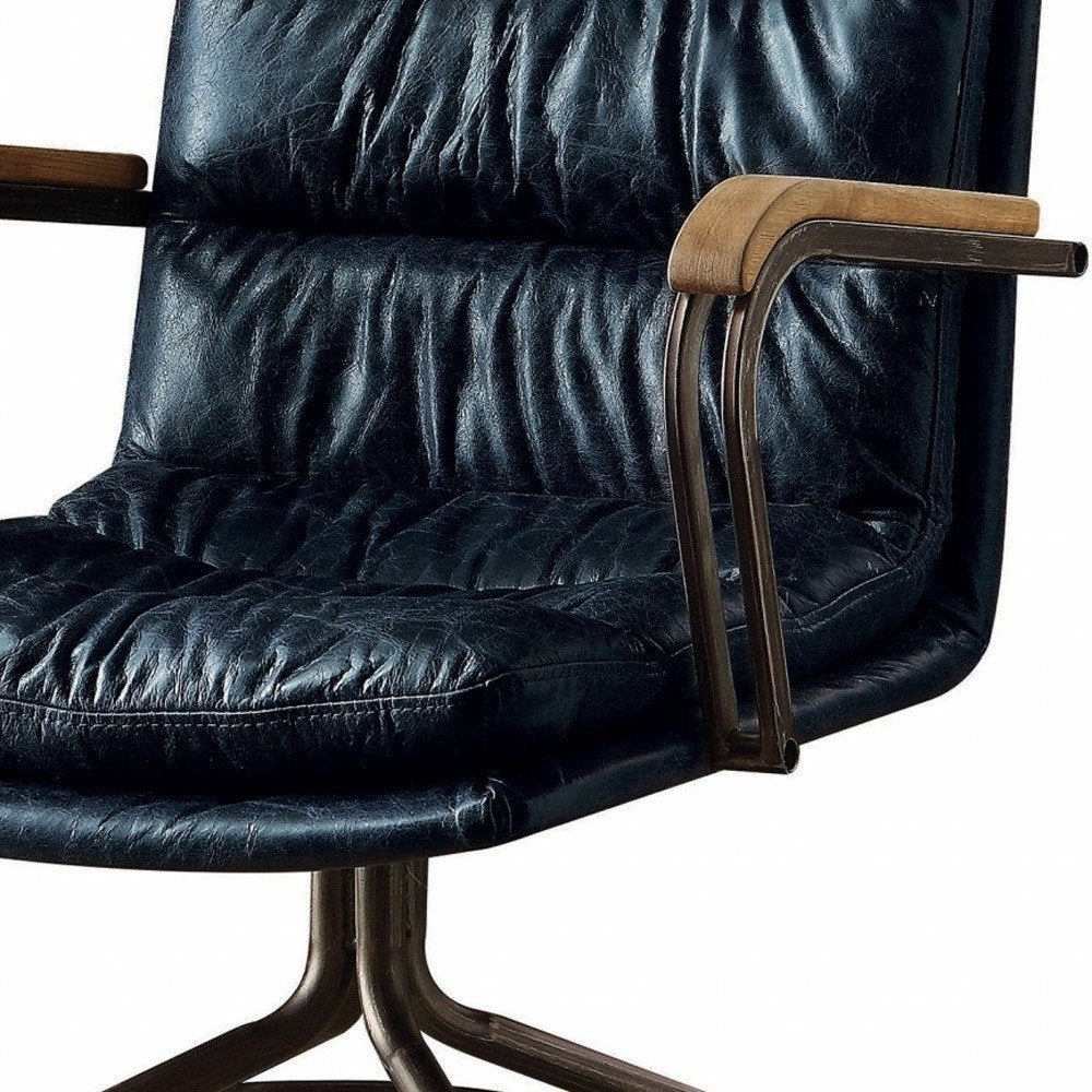 Navy Blue and Dark Brown Swivel Rolling Executive Office Chair