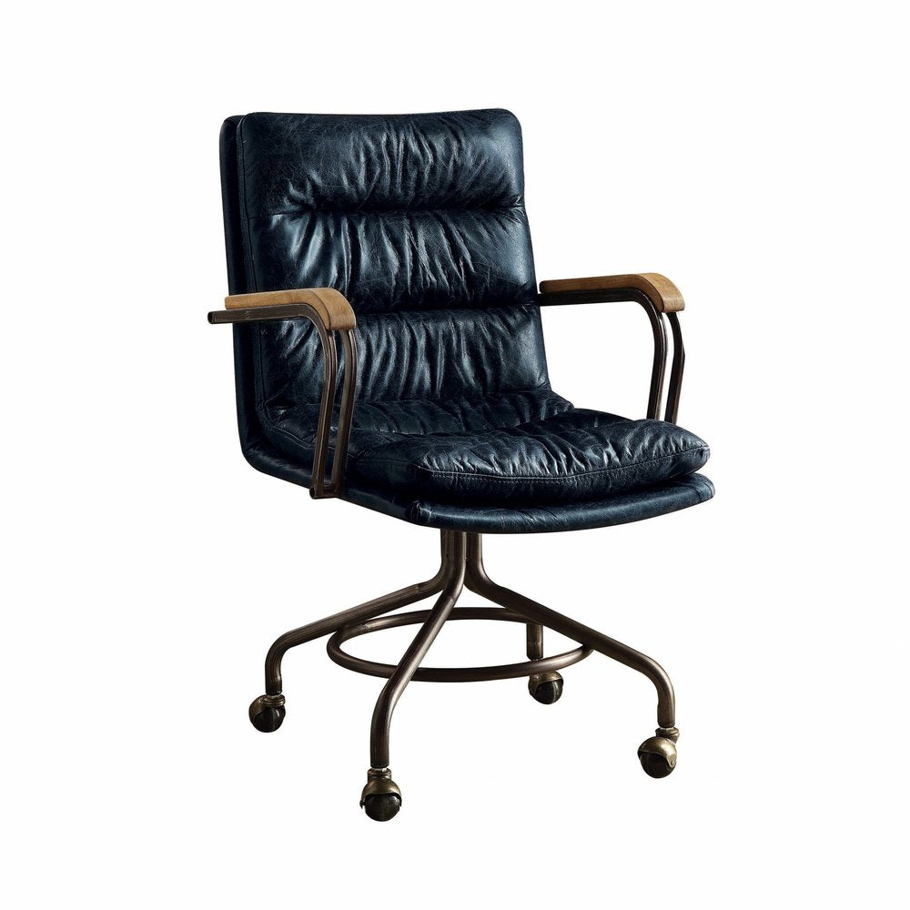Navy Blue and Dark Brown Swivel Rolling Executive Office Chair
