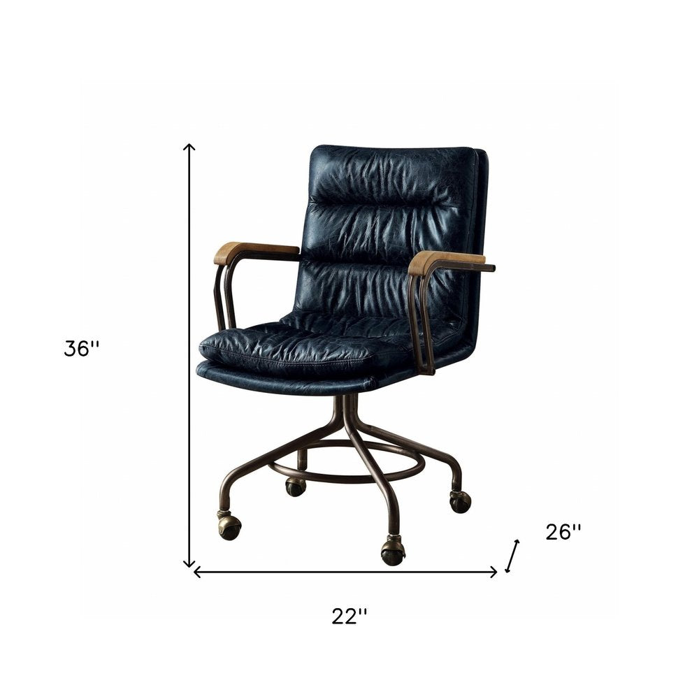 Navy Blue and Dark Brown Swivel Rolling Executive Office Chair